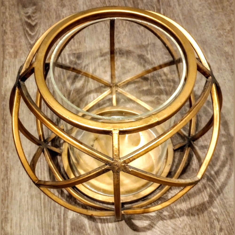 16" ROUND GOLDEN METAL/GLASS CONTAINER, 14" TALL FOR CANDLES, OR ANY DECOR